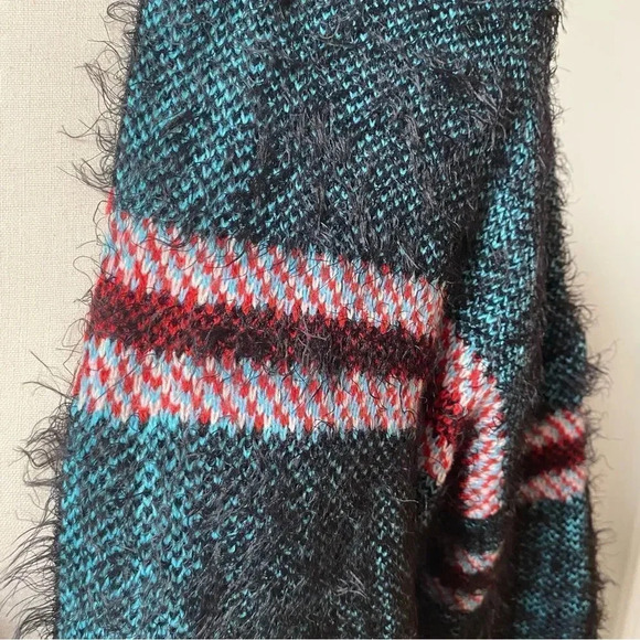 Anthropologie Raga Fuzzy Eyelash Knit Open Front Cardigan OS Blue Black Red Cozy - Picture 4 of 14